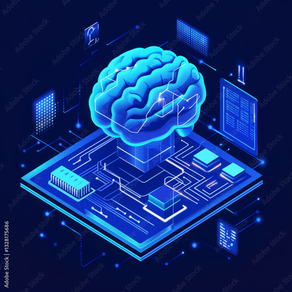 Poster 3d human brain on circuit board with glowing data in an isometric digital style