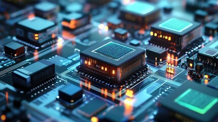 Obraz premium A futuristic semiconductor lab where autonomous machines produce high-tech chips.