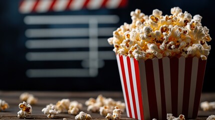 Popcorn in striped container on wooden table, movie backdrop