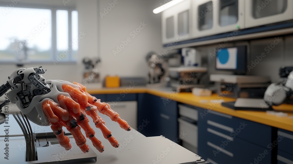 Poster a high-tech production line with bio-inspired machines optimizing manufacturing.