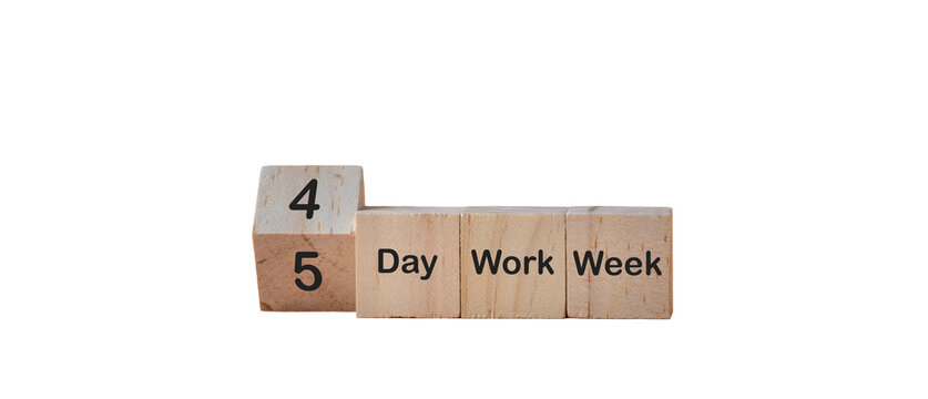 4 day work week concept. Words on wooden blocks. Isolated on transparent background.