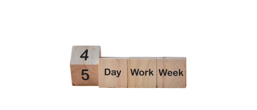 4 day work week concept. Words on wooden blocks. Isolated on transparent background.