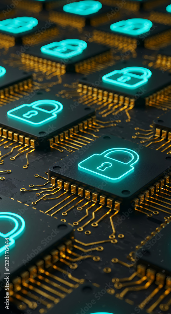 Poster secure tech: cyber security lock on microchip, internet safety & data protection concept. digital se