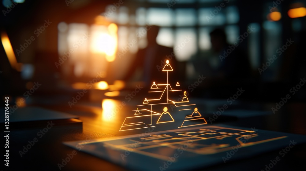 Aufkleber abstract graphic of hierarchical structure, overlaid on documents in a modern office setting