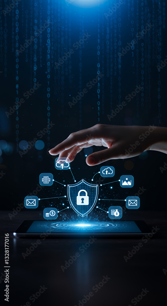 Poster cyber security: protecting data with digital shield & touch! network security, data protection, & ta