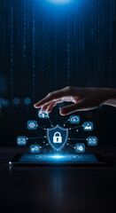 Cyber Security: Protecting Data with Digital Shield & Touch! Network Security, Data Protection, & Tablet Connection.