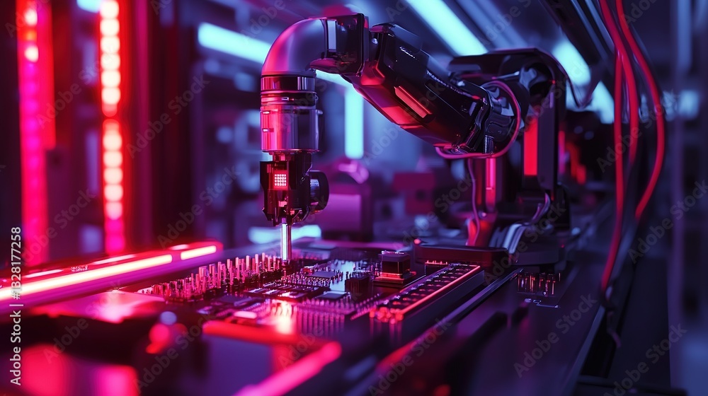 Poster a next-gen assembly line producing ai-powered microchips with precision.
