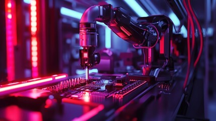 A next-gen assembly line producing AI-powered microchips with precision.