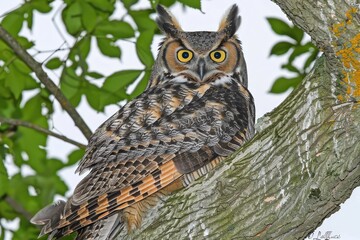 Obraz premium Great Horned Owl perched on tree branch