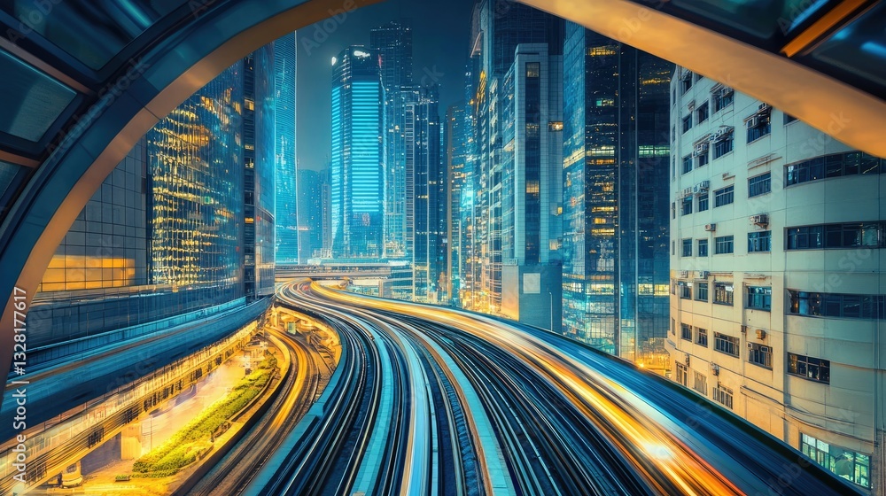 Poster high-speed rail system intertwining through skyscrapers in a futuristic metropolis.
