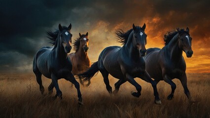 Majestic Four Black Horses Galloping Gracefully in the Open Field at Sunset