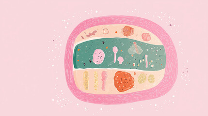 2D illustration of colorful illustration of cell structure, showcasing various organelles and components in simplified manner. background is pink, enhancing visual appeal