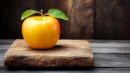Single fresh golden yellow apple on a wood piece with wooden textured background