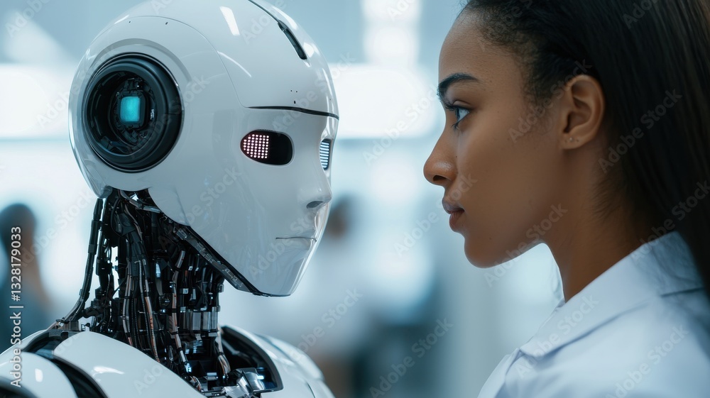 Poster exploring human-robot interaction in a high-tech lab futuristic environment close-up perspective
