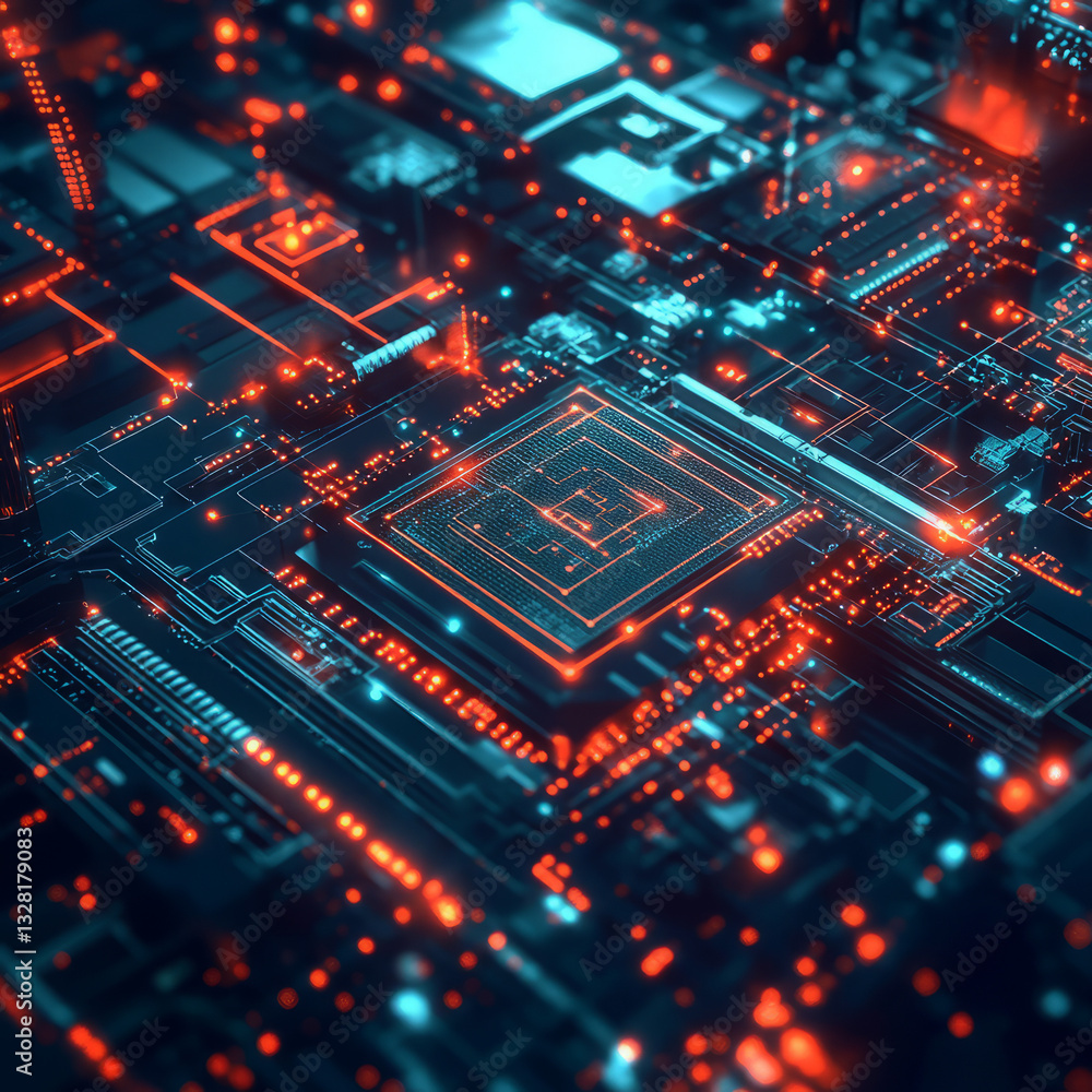 Poster intricate circuit board with teal and orange glowing lines highlighting data flow