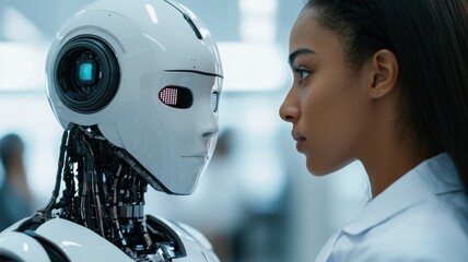 Exploring human-robot interaction in a high-tech lab futuristic environment close-up perspective