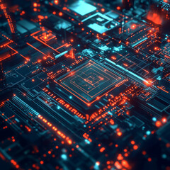 Obraz premium Intricate Circuit Board with Teal and Orange Glowing Lines Highlighting Data Flow