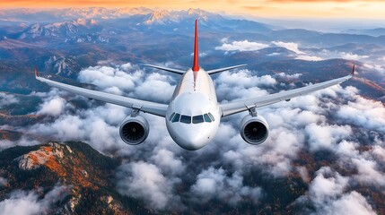 Fototapeta premium Airplane flying above autumnal mountains.