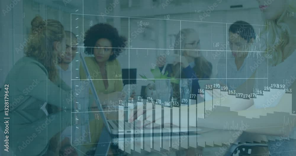 Aufkleber business team collaborating with financial graphs and data overlay animation