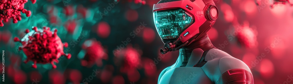 Poster exploring futuristic robotics and virus defense technologies digital environment sci-fi theme