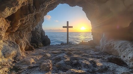 Sunrise over ocean, cross in cave.