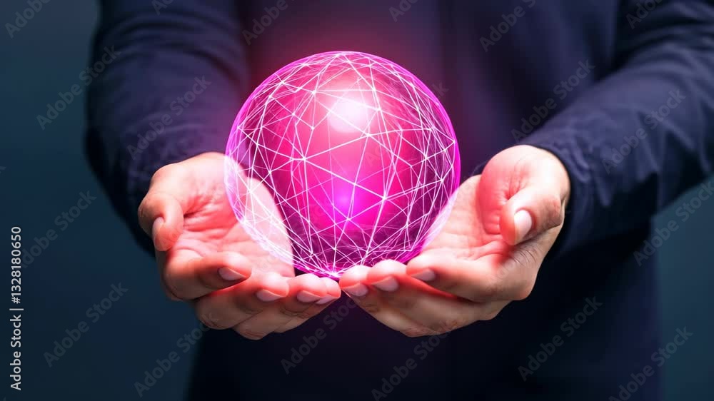 Poster hands holding a neon pink globe with network lines depicting global connectivity and technology inno