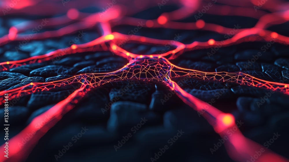 Poster illuminated neural network patterns digital art abstract visualization high-tech environment close-u