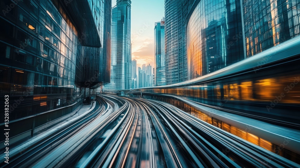 Poster high-speed rail system intertwining through skyscrapers in a futuristic metropolis.