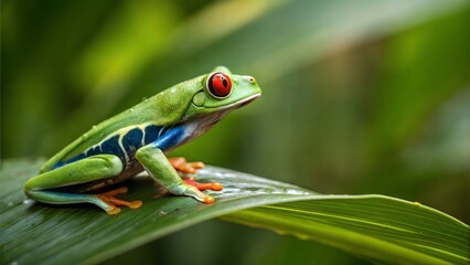 Fototapeta premium green tree frog stand on a leaf