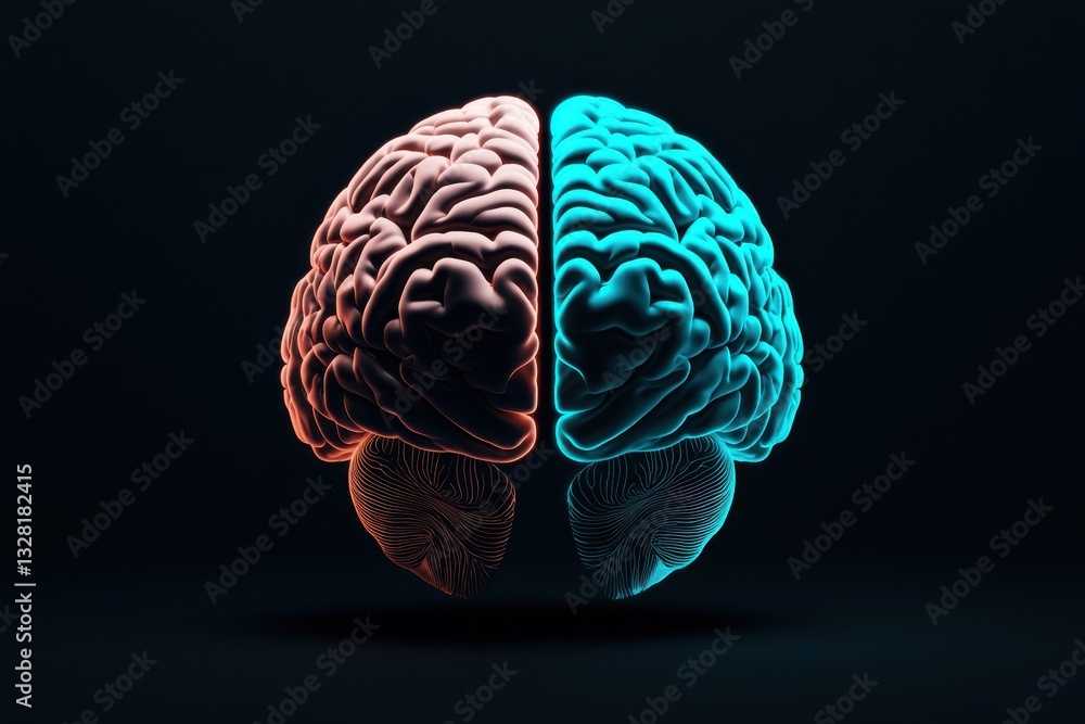 Poster exploring the duality of consciousness brain representation in digital art abstract setting colorful