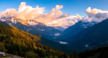 Obraz premium Golden Sunrise Over Snow-Capped Mountain Peaks and Valleys