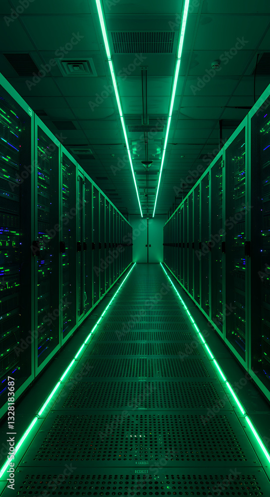 Poster green data center: secure servers, cool technology, and powerful computing solutions in a modern hig