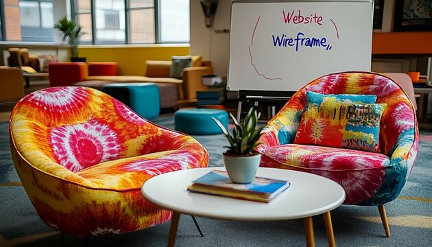 Colorful Bean Bag Chairs in Cozy Office Space with Whiteboard
