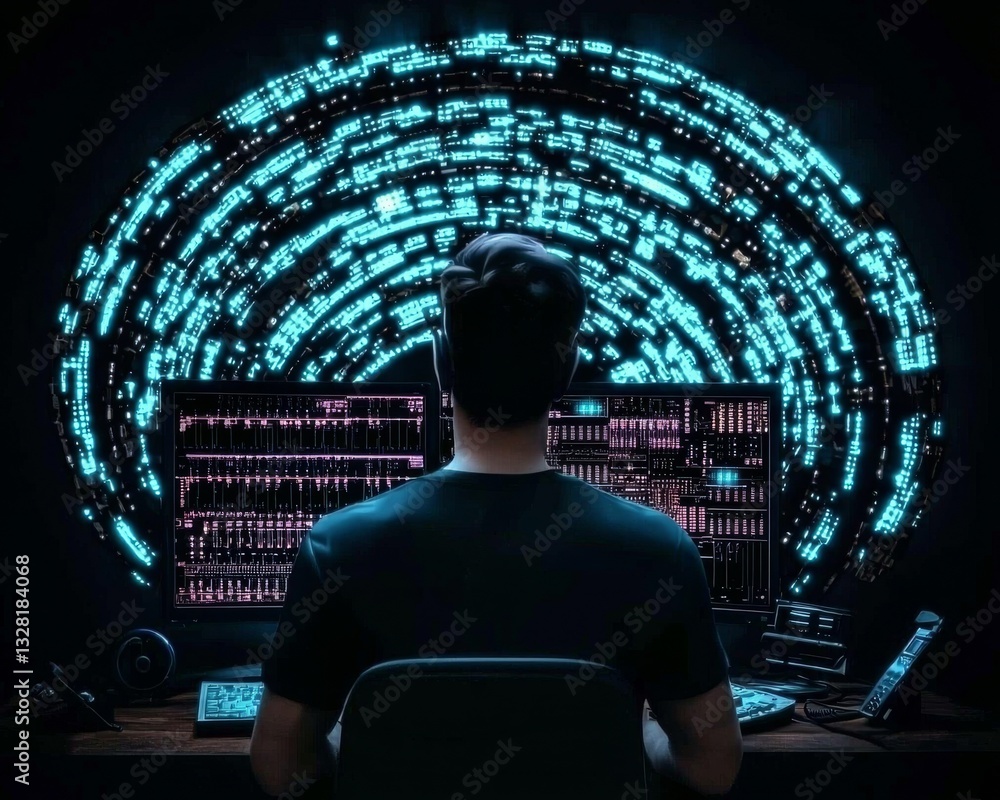 Poster a person works intently at dual computer screens displaying vibrant, digital data, surrounded by a f