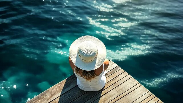 A figure in a white hat sits on a rustic dock, lost in thought while gazing at the sparkling ocean beneath the sun, embodying relaxation and inviting others to unwind in this coastal paradise