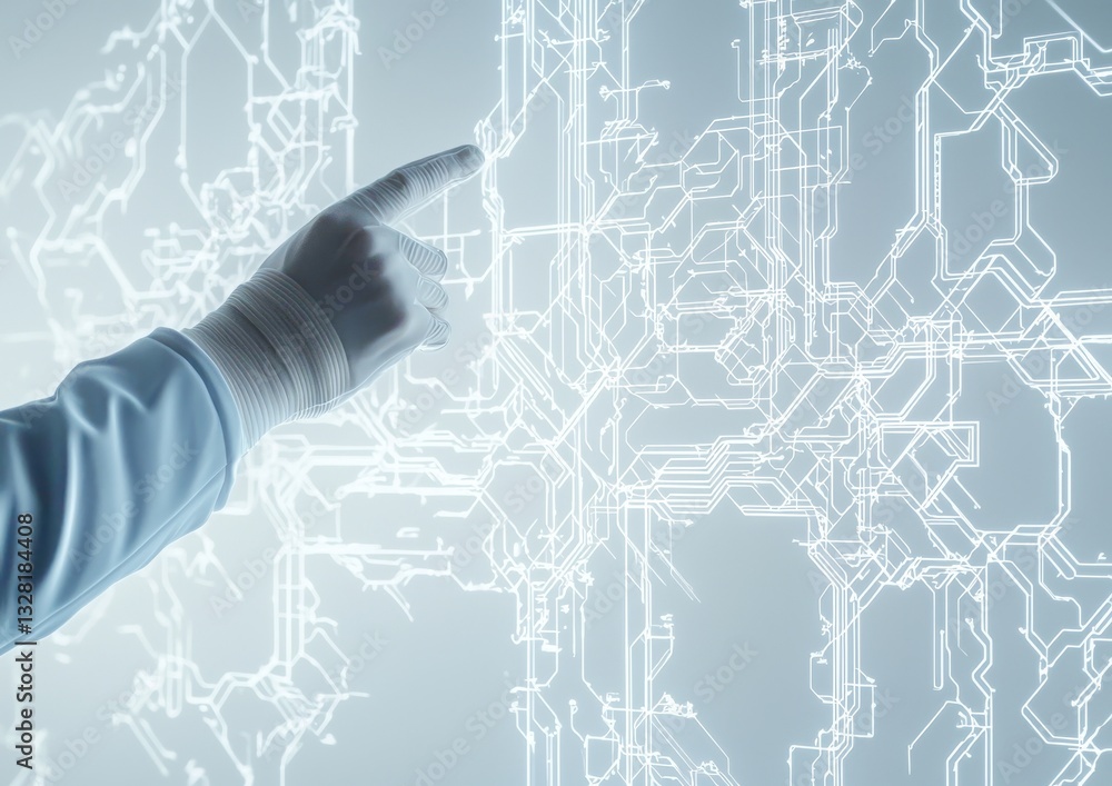 Poster a gloved hand points at an intricate, glowing circuit design, symbolizing technology and innovation 