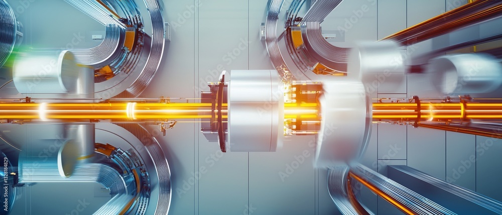 Poster a close-up view of futuristic technology featuring glowing pipes and a central core, emphasizing inn