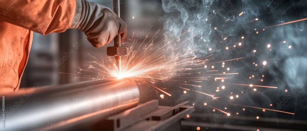Poster a worker uses a welding tool, creating sparks in a workshop, showcasing the intensity and precision 