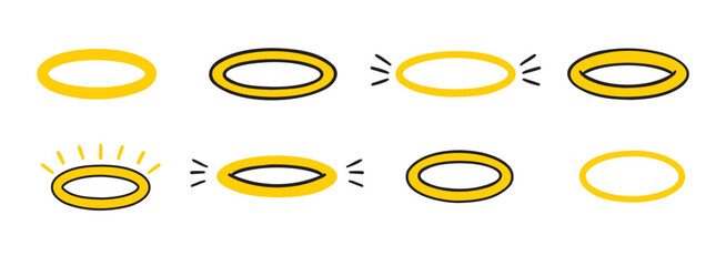 angels halo, nimbus doodle icon set. vector flat icon design yellow halo on white background. logo template halo element religion theme.