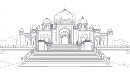 Line drawing of an Islamic mosque, steps, and landscape.  Possible use Stock photo for architectural reference, religious study, or educational materials