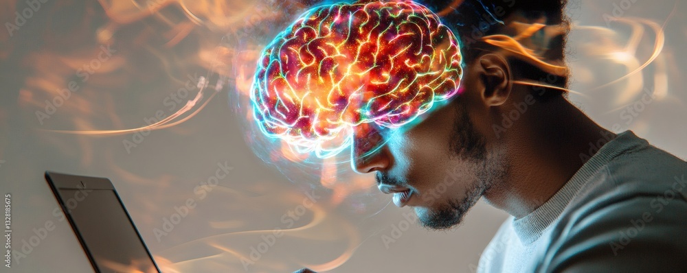 Poster a man focused on computer work with a glowing brain image