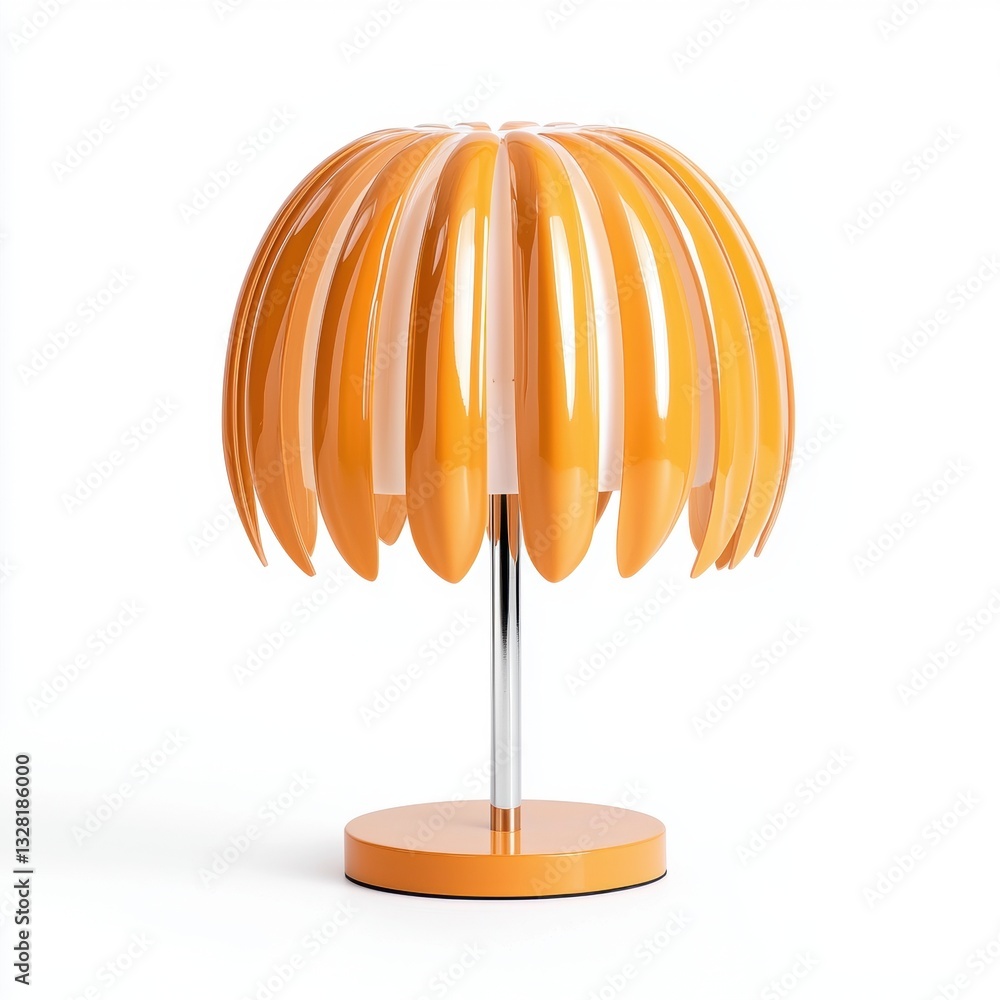 Poster a vibrant orange lamp with a unique design, featuring a fan-like structure and a polished base, idea