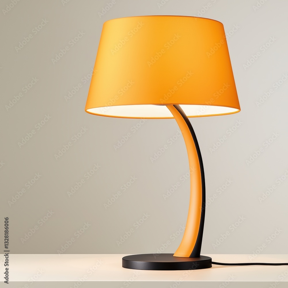 Poster a sleek, modern lamp with a curved design and an orange shade, adding a pop of color to a minimalist
