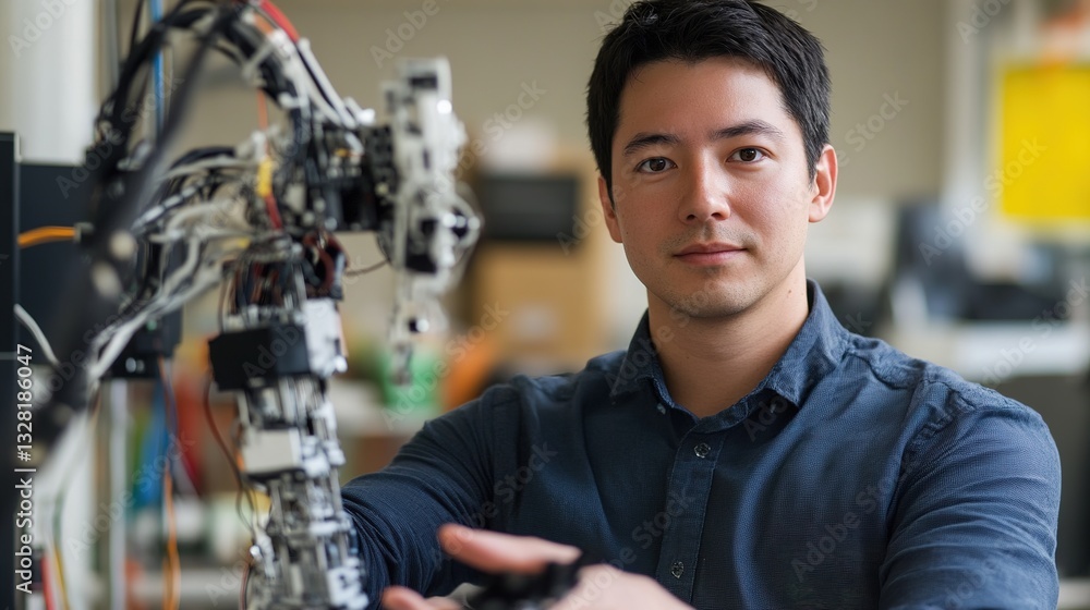 Poster engineers designing and testing ai-optimized, 3d-printed robotic arms.