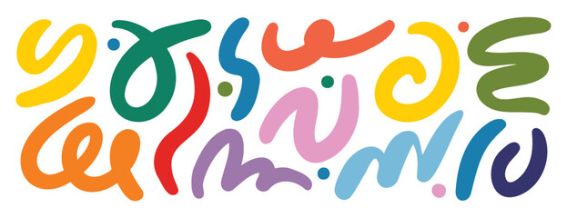 Retro groovy hippie 60s 70s abstract shapes set. Fluid organic shape colorful blobs, wavy doodle stripes inscribed. Bold hand drawn lines, spots. 