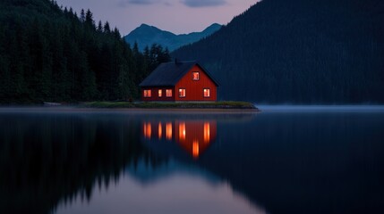 Fototapeta premium Rustic cabin on a lake at twilight