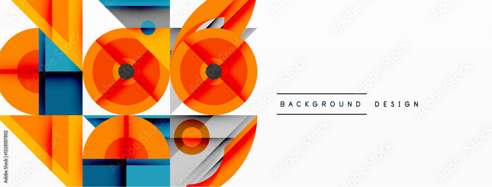 Poster Geometric abstract composition with intersecting shapes, circles, triangles, and gradients, blending vibrant colors and dynamic contrasts to create a modern, futuristic visual design