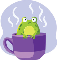 Funny Frog in a Hot Tea Cup Vector Concept Illustration Design. Melancholic amphibian sitting in a warm teacup 
