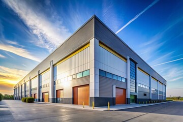 Obraz premium Modern Industrial Warehouse Exterior - Spacious Architectural Photography with Copy Space