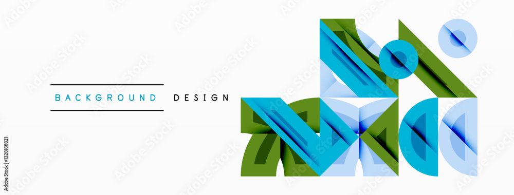 Poster Abstract geometric background with shapes, featuring circular and rounded elements. Bold contrast, smooth gradients, dynamic composition, futuristic style